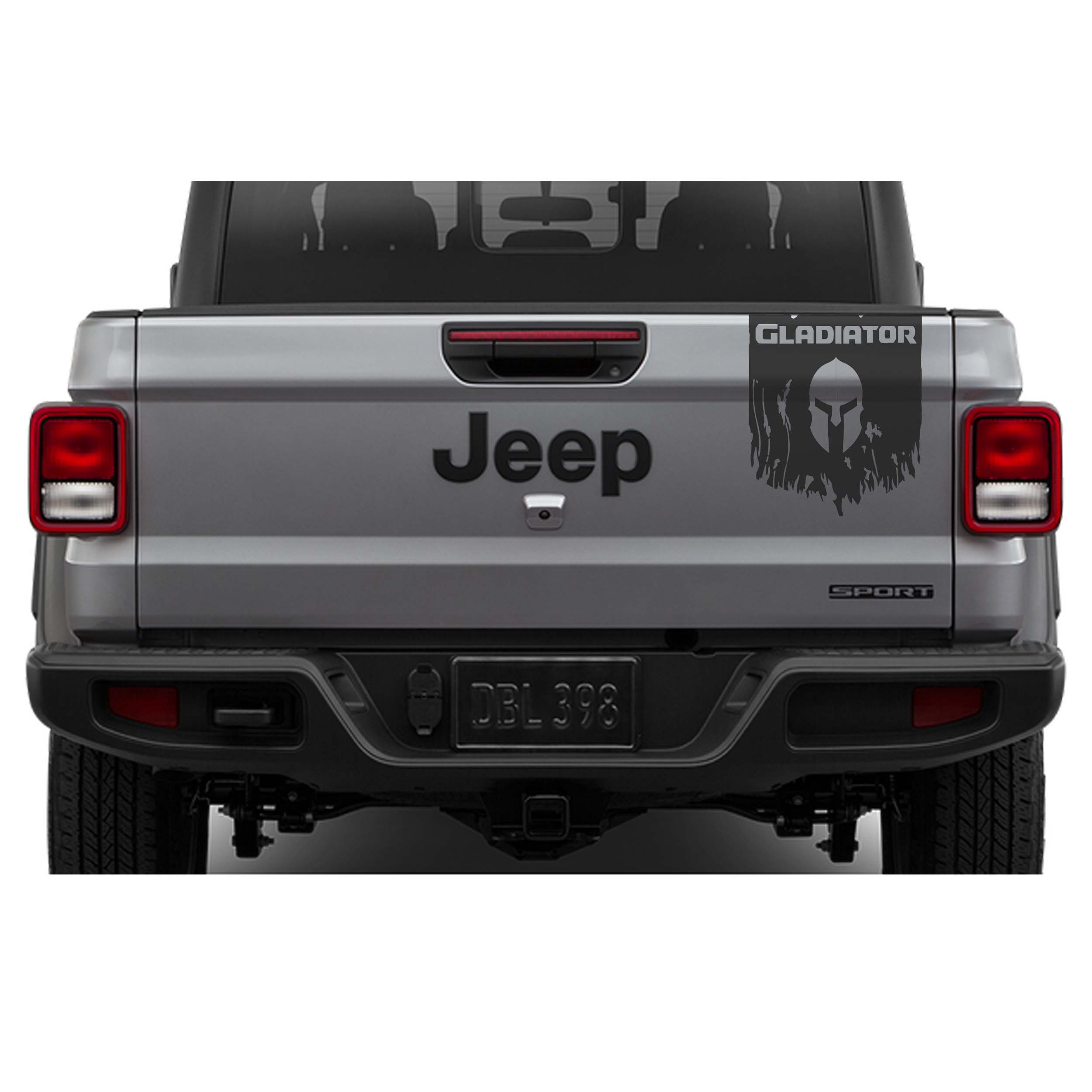 JT Gladiator tailgate pennant vinyl decal preview featuring lettering and a Spartan helmet centered design