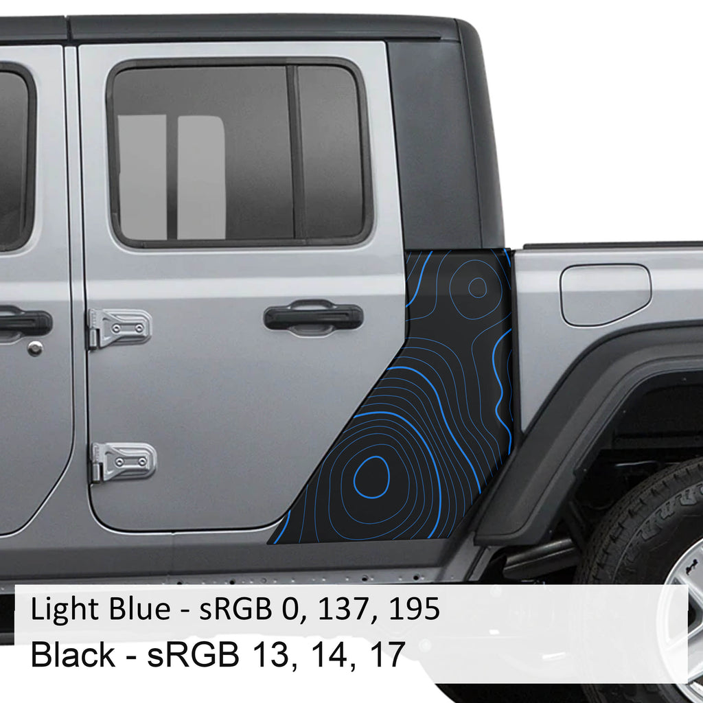 Light blue and black topographic map two-layer cab body side decal on silver Gladiator JT pickup