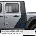 Light blue and black topographic map two-layer cab body side decal on silver Gladiator JT pickup