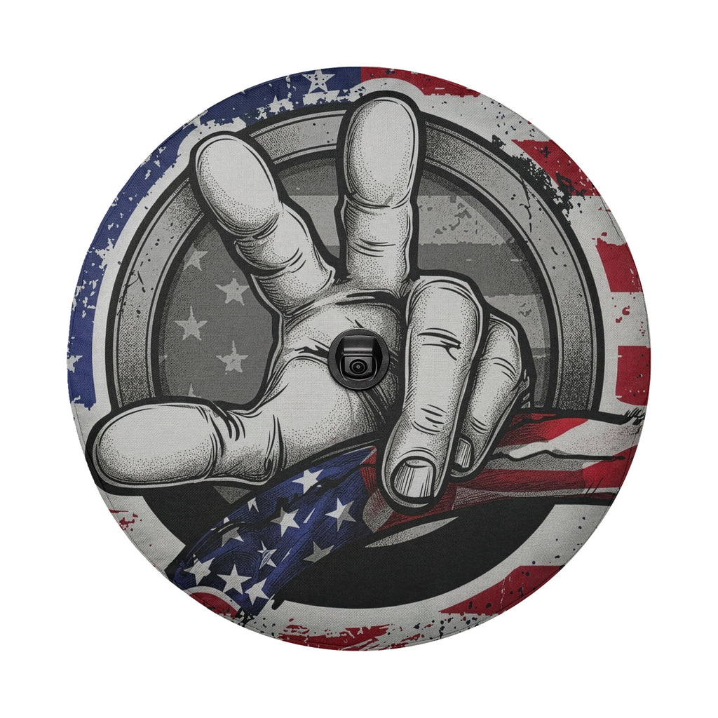 Two Finger Wave American Flag spare tire cover showing the backup camera hole in the palm of the hand