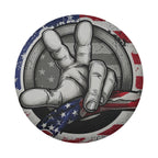 Two Finger Wave American Flag spare tire cover without a camera hole, showing the two finger wave over a distressed stars and stripes