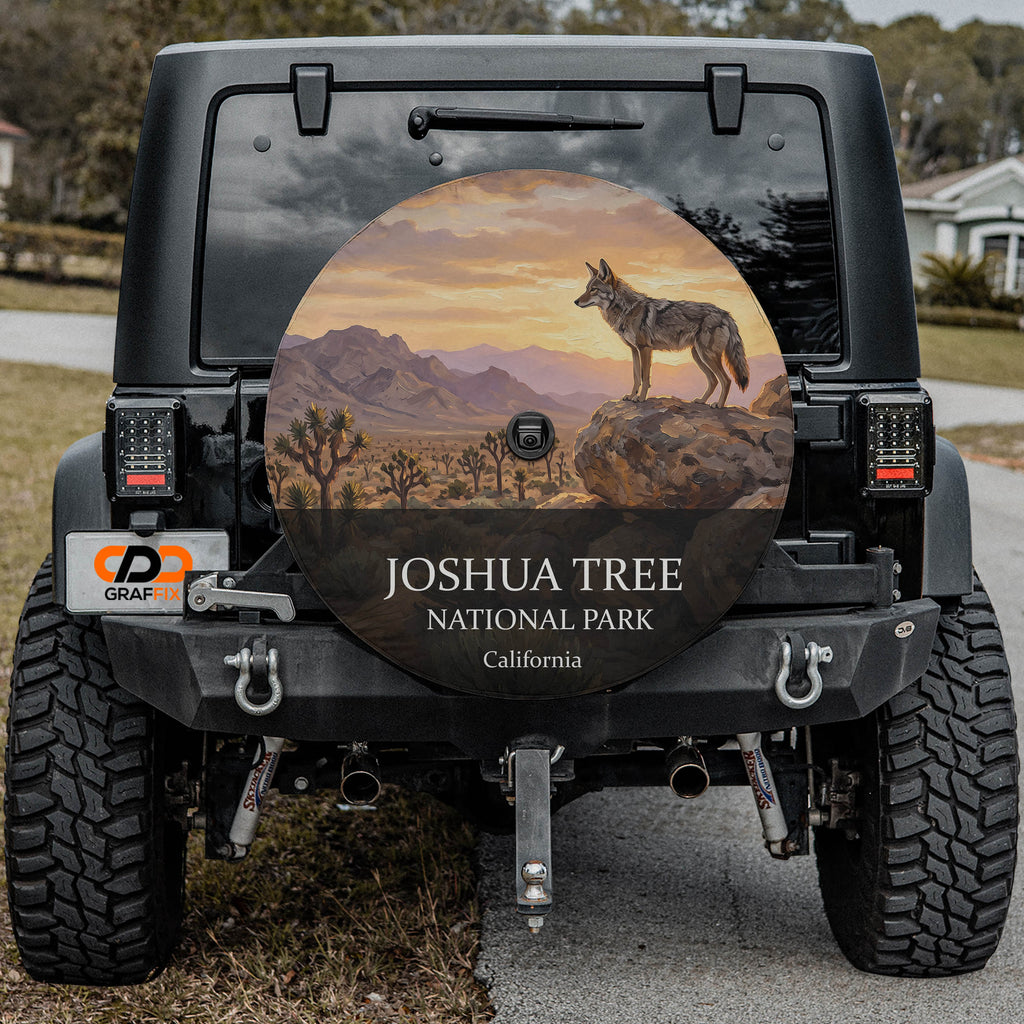 Joshua Tree National Park spare tire cover on a Jeep Wrangler, showing a coyote on a boulder above a desert flat of Joshua trees