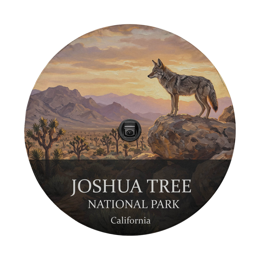 Joshua Tree National Park spare tire cover with a backup camera hole, showing a coyote on a boulder above a desert flat of Joshua trees
