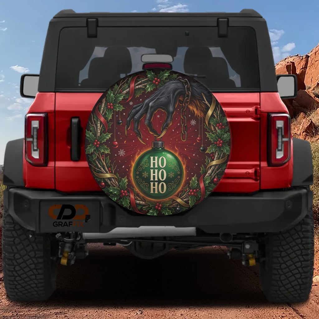 Krampus ornament heist Christmas spare tire cover mounted on a Ford Bronco