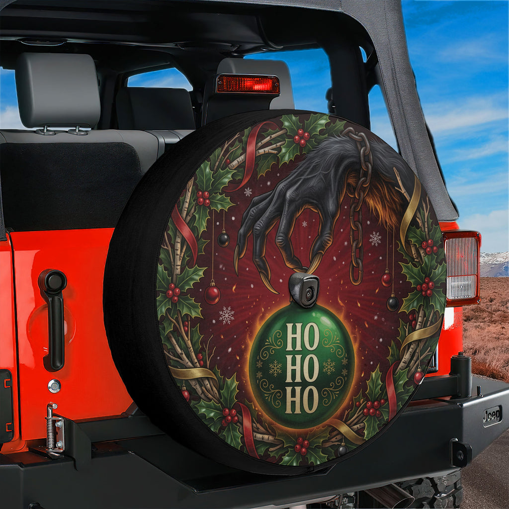 Krampus ornament heist Christmas spare tire cover on a Jeep Wrangler, rear view