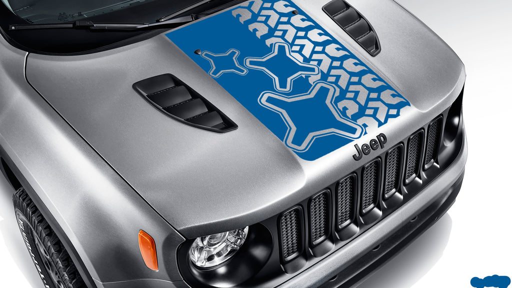 Azure blue brake light tire tread blackout hood vinyl decal on silver Jeep Renegade hood graphic