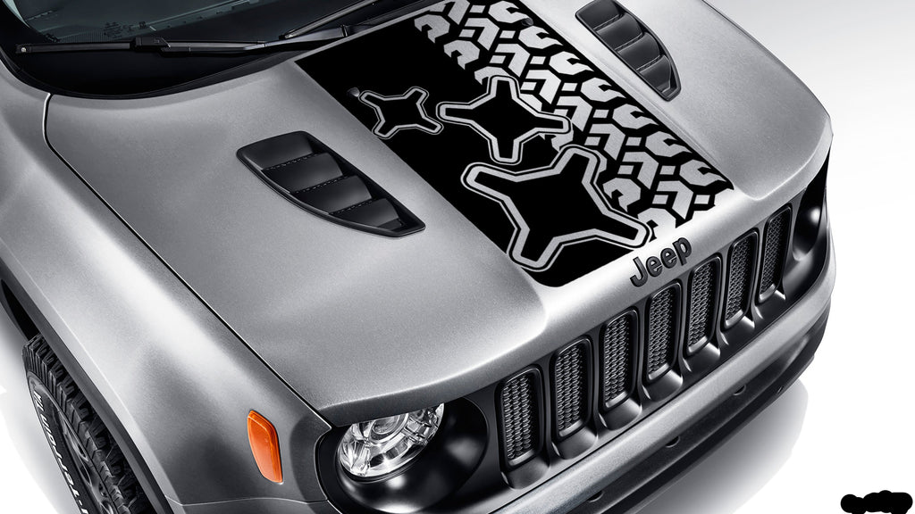 Black brake light and tire tread blackout hood vinyl decal on silver Jeep Renegade hood graphic