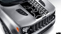 Black brake light and tire tread blackout hood vinyl decal on silver Jeep Renegade hood graphic