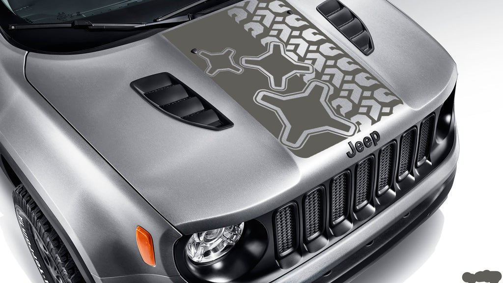 Dark grey brake light and tire tread blackout hood vinyl decal on silver Jeep Renegade hood graphic
