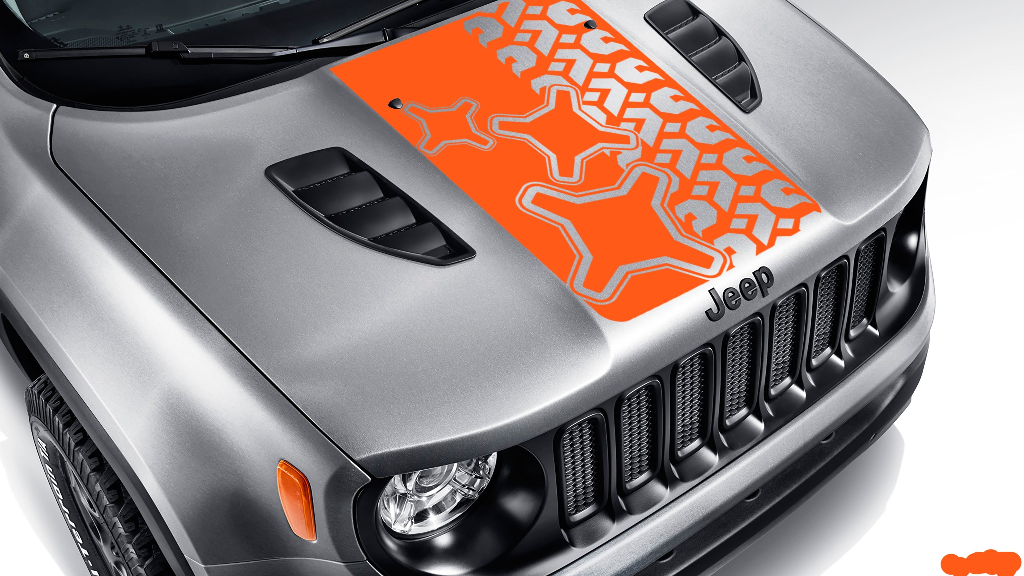 Orange brake light and tire tread blackout hood vinyl decal on silver Jeep Renegade hood graphic