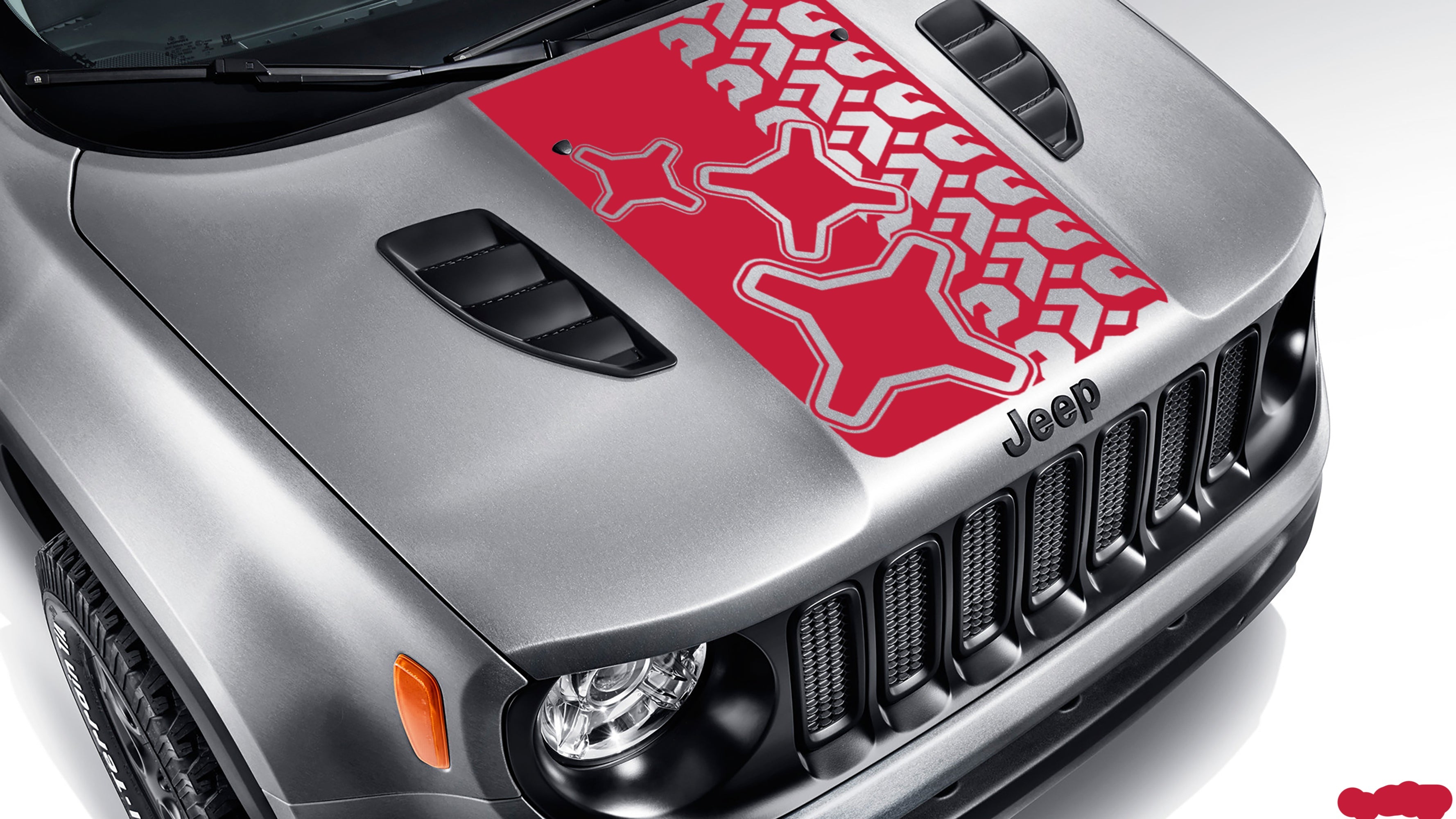 Red brake light and tire tread blackout hood vinyl decal on silver Jeep Renegade hood graphic art