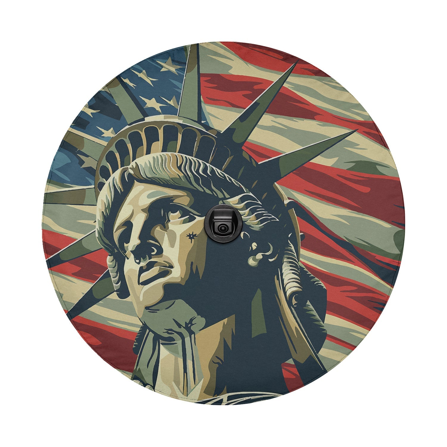Flat round Lady Liberty tire cover art with stylized Statue of Liberty and waving American flag