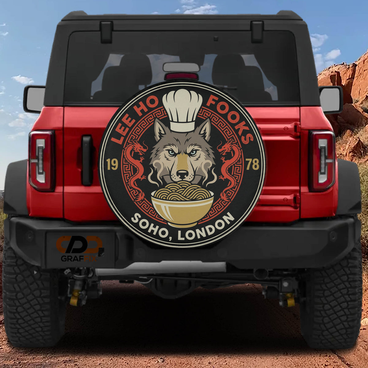 Lee Ho Fooks Soho London Chinese restaurant spare tire cover mounted on a Ford Bronco