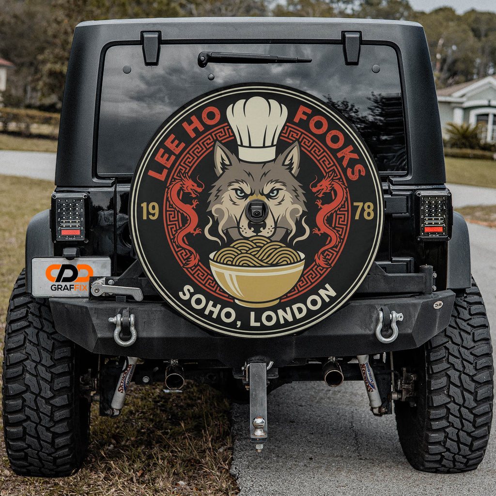 Lee Ho Fooks Soho London Chinese restaurant spare tire cover mounted on a Jeep Wrangler