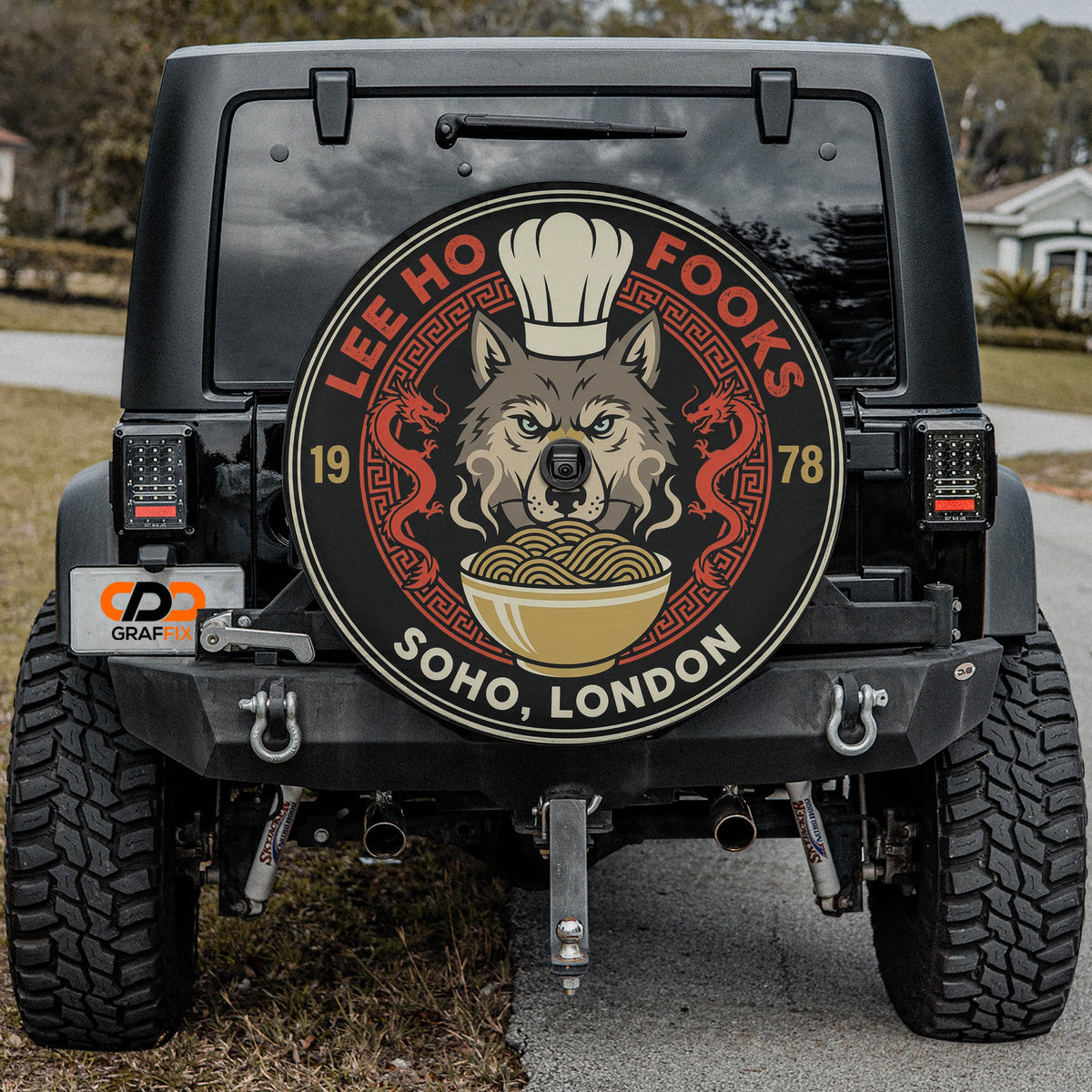 Lee Ho Fooks Soho London Chinese restaurant spare tire cover mounted on a Jeep Wrangler