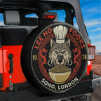 Lee Ho Fooks Soho London Chinese restaurant spare tire cover on a Jeep Wrangler, rear view