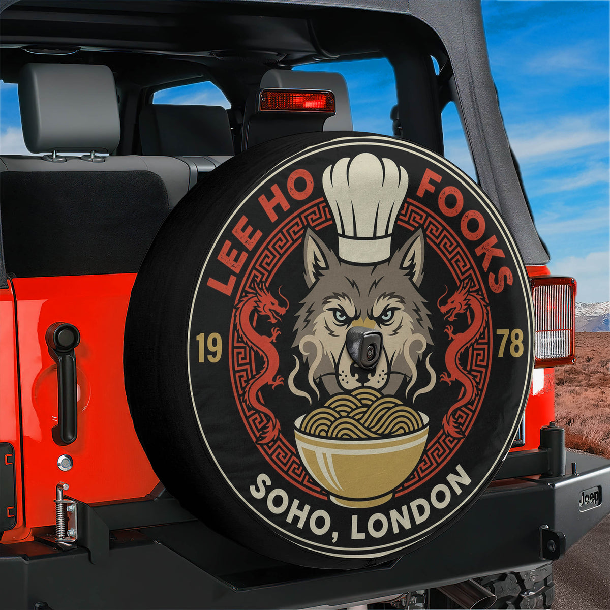 Lee Ho Fooks Soho London Chinese restaurant spare tire cover on a Jeep Wrangler, rear view