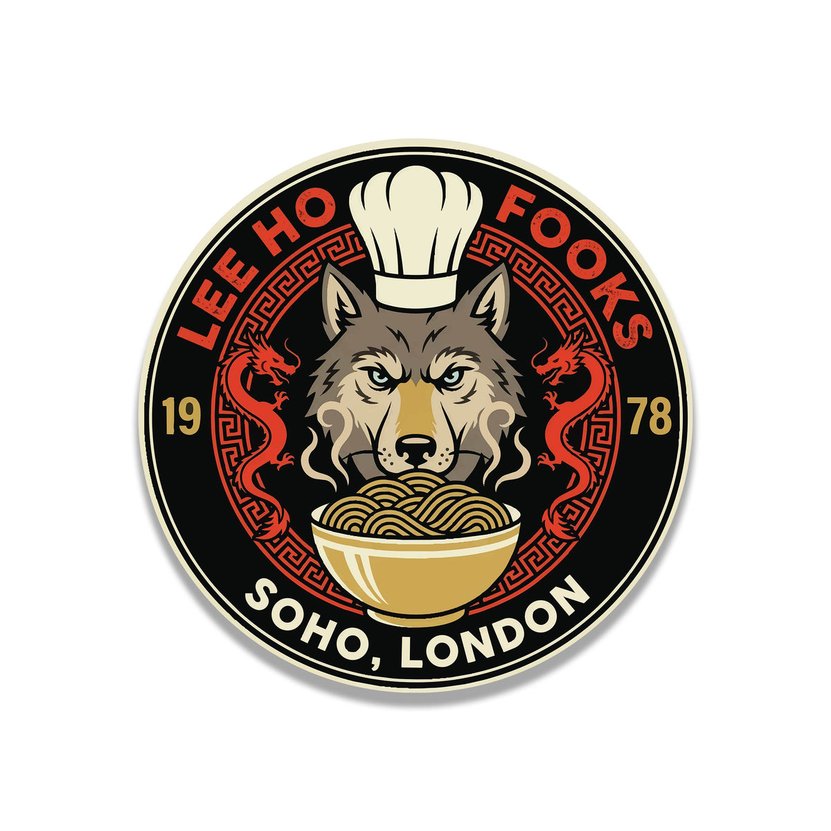 Lee Ho Fooks Soho London Chinese restaurant waterproof vinyl sticker gold and red wolf chef badge design
