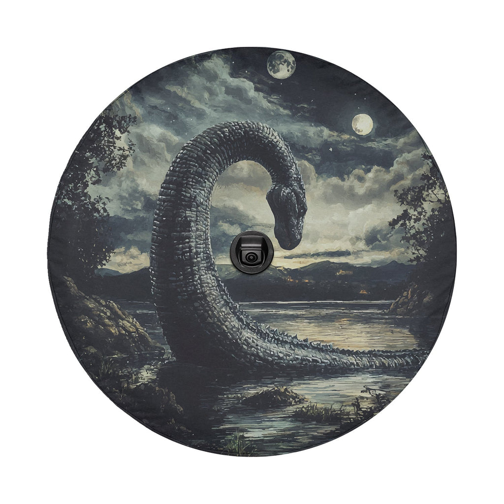Loch Ness by Moonlight spare tire cover detail showing Nessie at lake with backup camera cutout