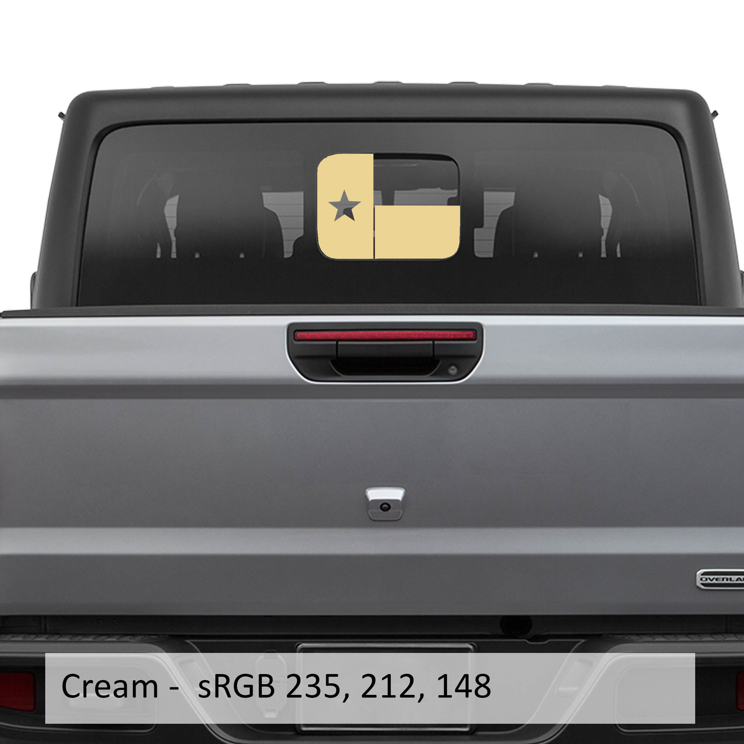 Cream Texas Lonestar flag JT rear sliding window vinyl decal on Jeep Gladiator tailgate glass