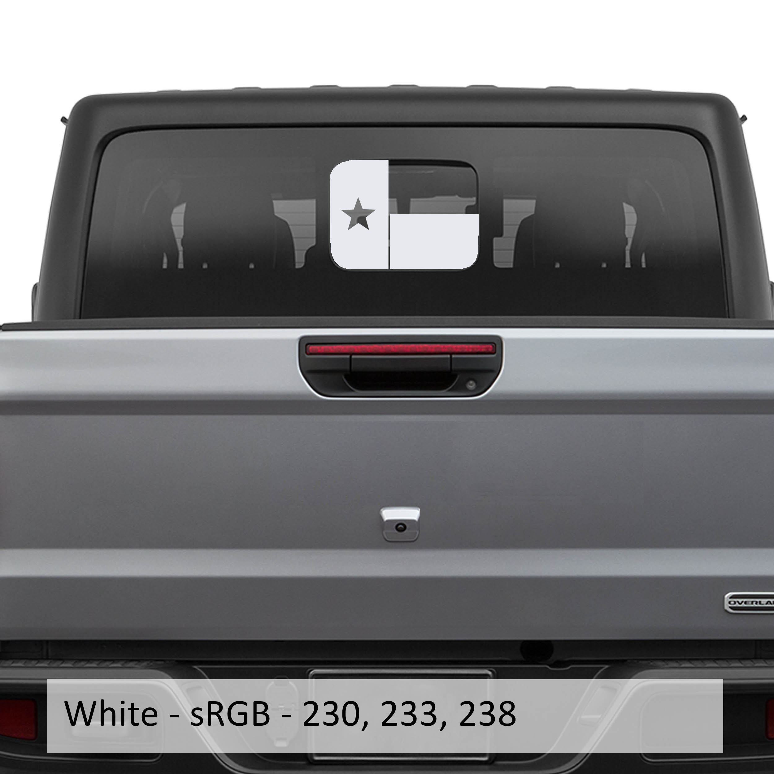 White Texas Lonestar flag JT rear sliding window vinyl decal on Jeep Gladiator tailgate glass