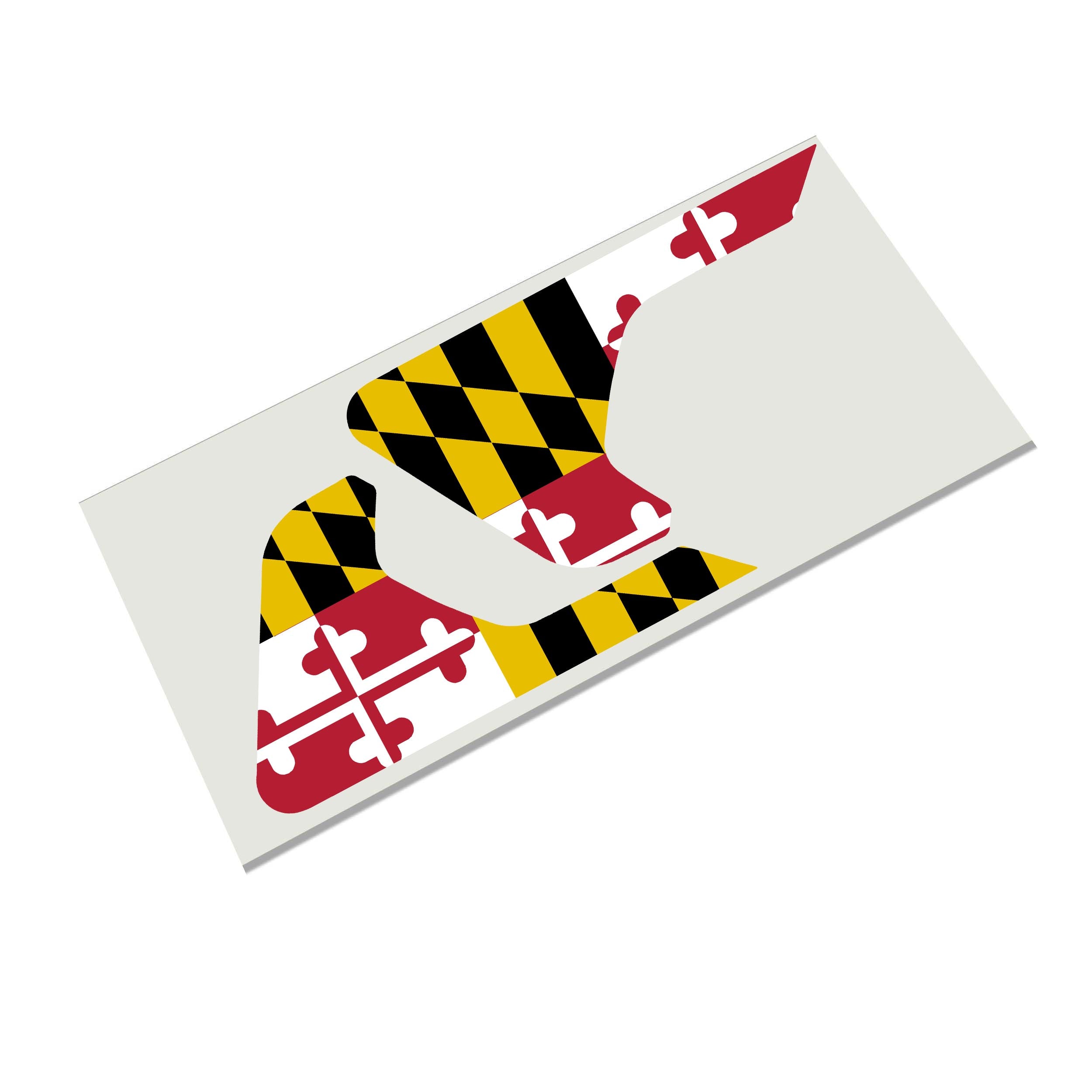 Maryland state flag cross bottony die-cut decal infographic showing waterproof outdoor durability