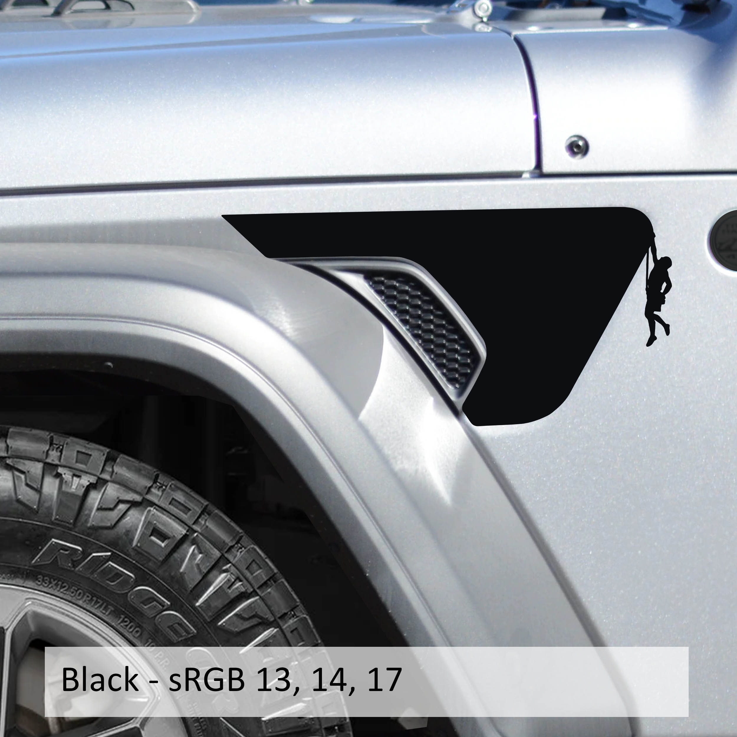 Black male rock climber v1 fender vent vinyl decal pictured on Jeep JL JT billet vents