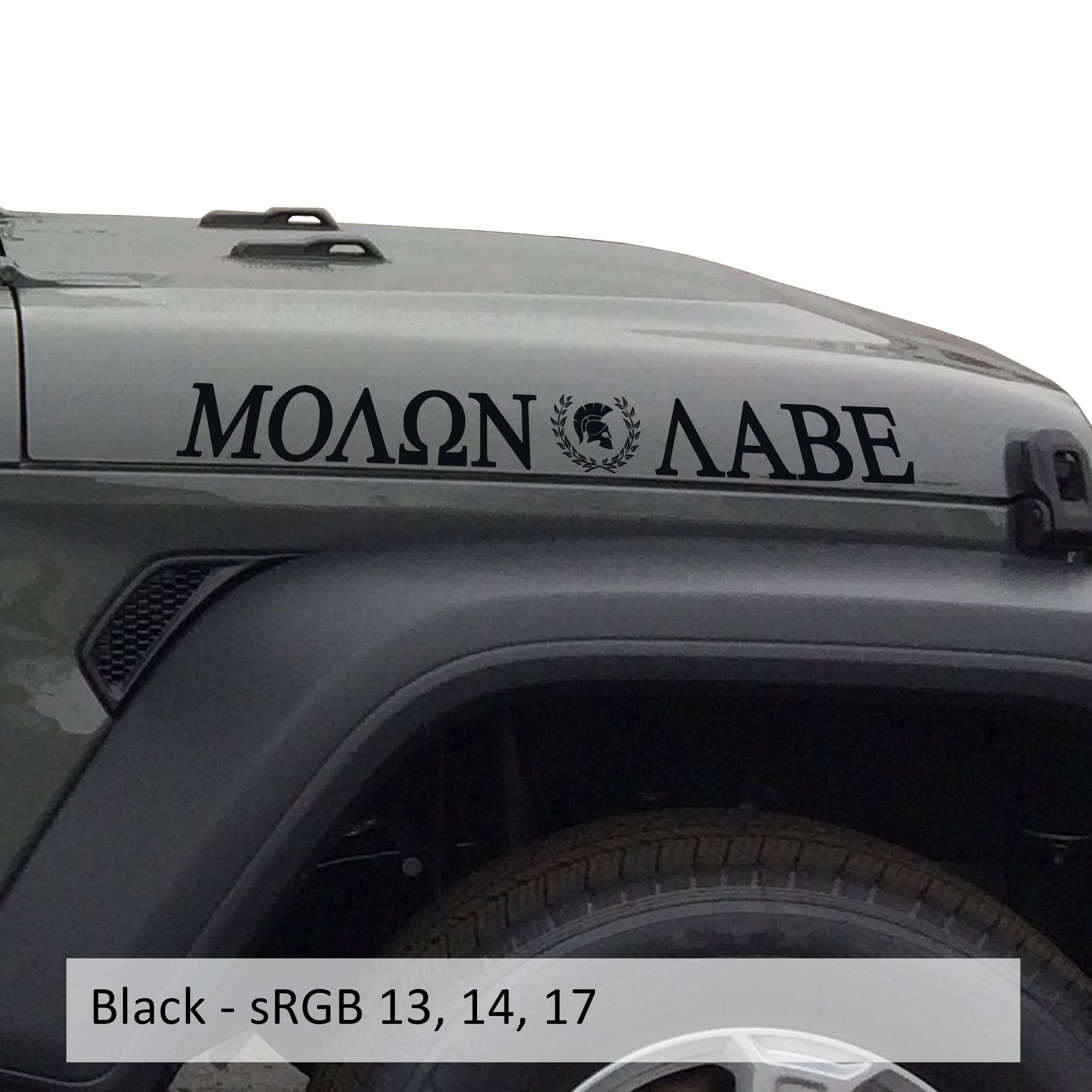 Black Molon Labe Spartan helmet laurel wreath hood decal on gray Wrangler JL hood