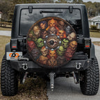 Black Jeep Wrangler with monster slayers gathering tire cover featuring stacked fantasy monster heads ring