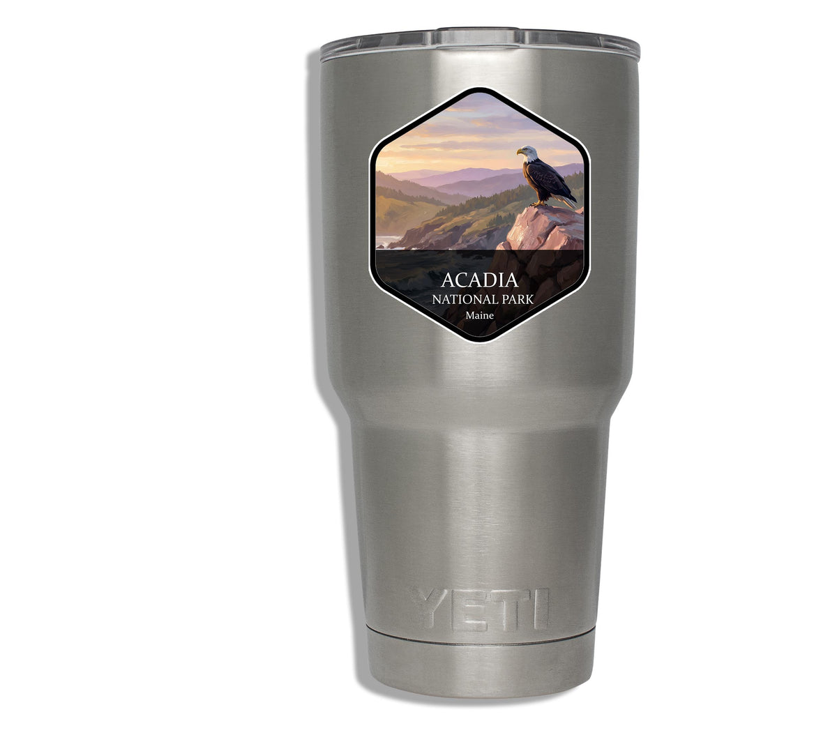 Acadia National Park sticker on a stainless steel YETI tumbler