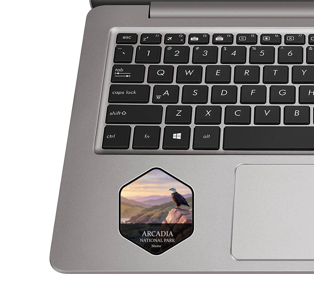 Acadia National Park badge sticker applied to the palm rest of a silver laptop