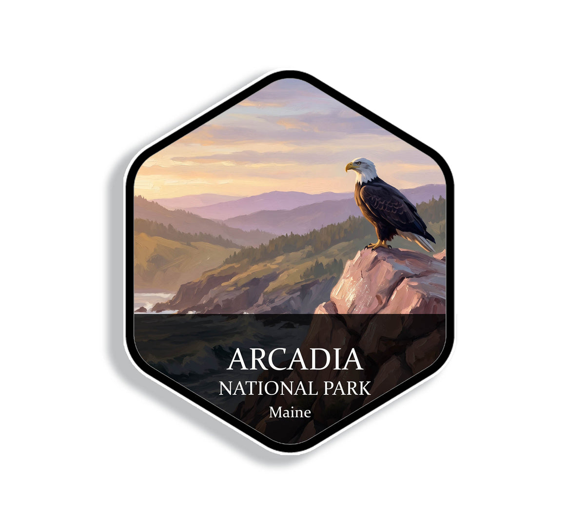 Hexagonal Acadia National Park sticker badge with a bald eagle perched on pink granite above the Atlantic at sunrise