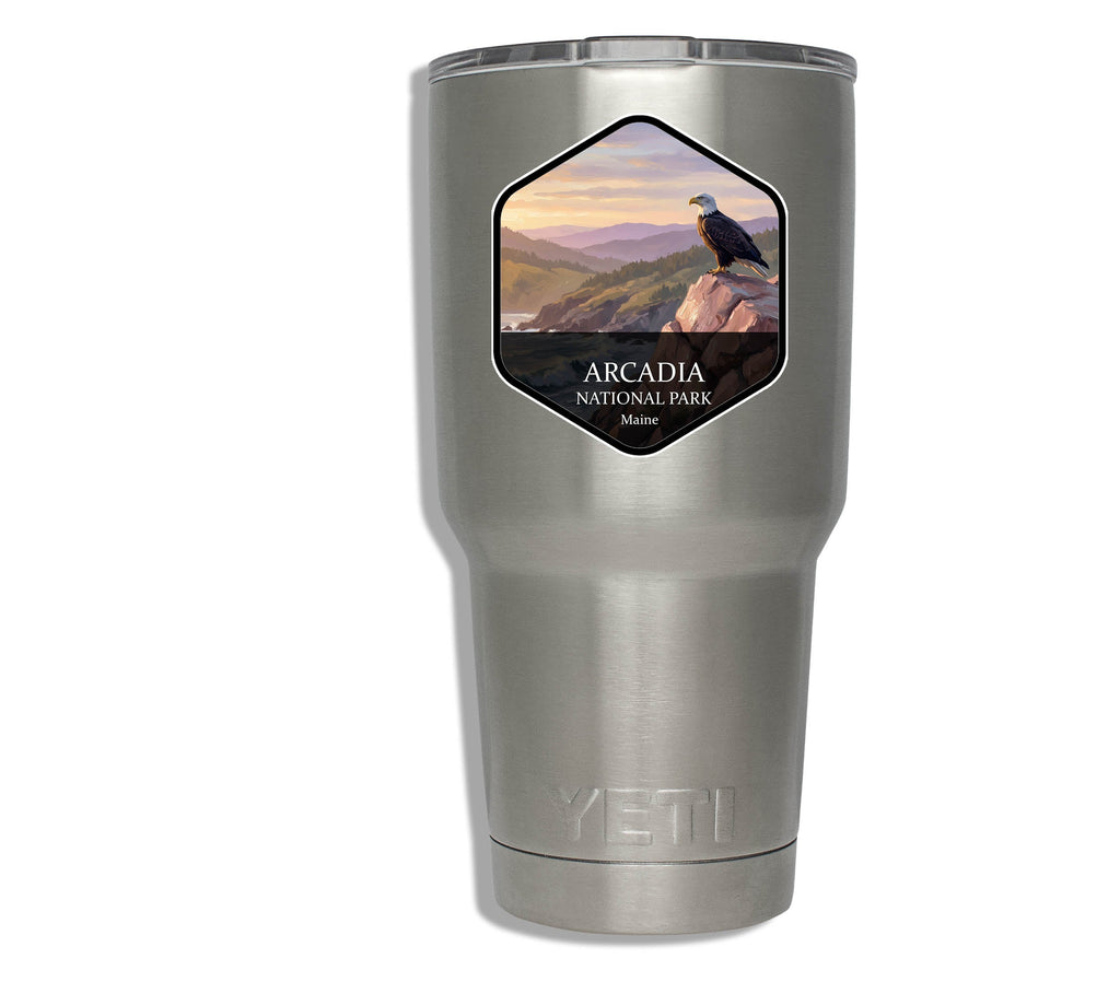 Acadia National Park badge sticker applied to a stainless steel insulated tumbler