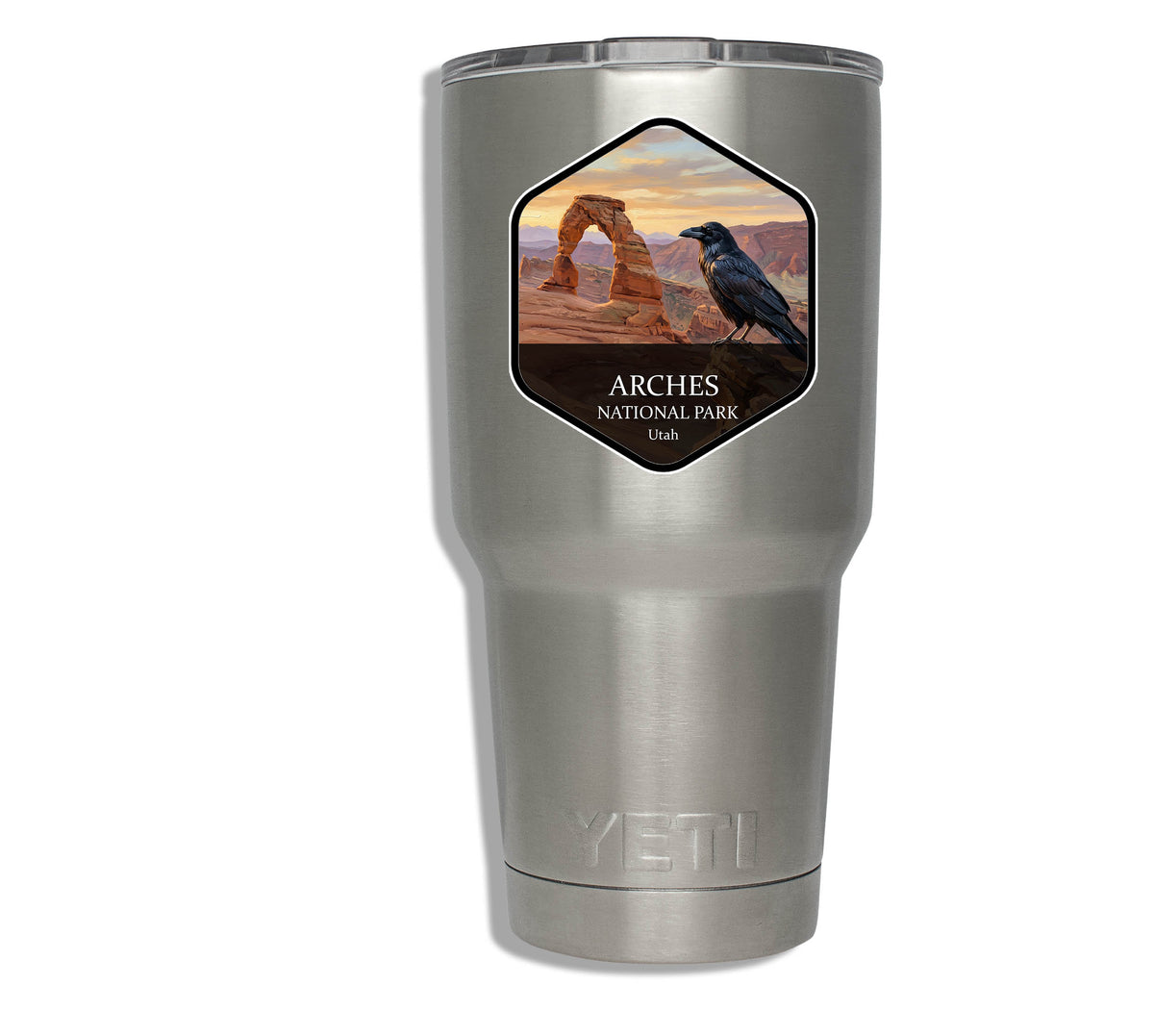 Arches National Park badge sticker applied to a stainless steel insulated tumbler