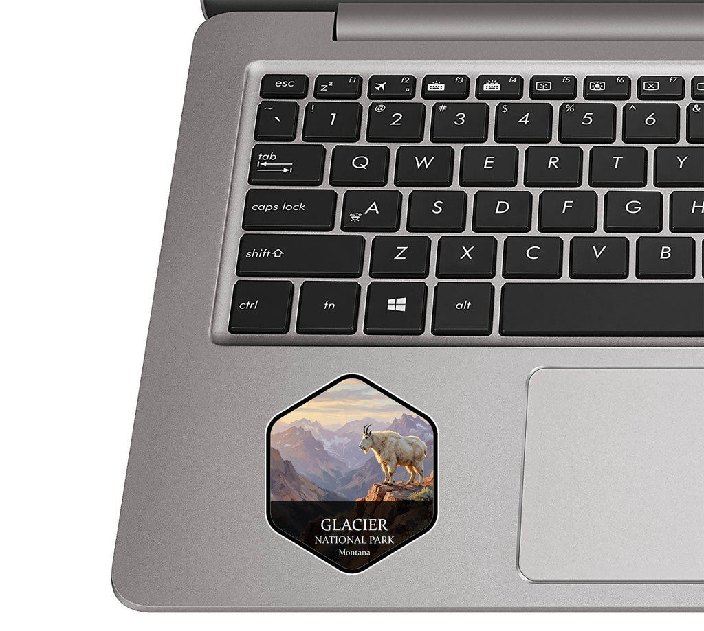 Glacier National Park badge sticker applied to the palm rest of a silver laptop