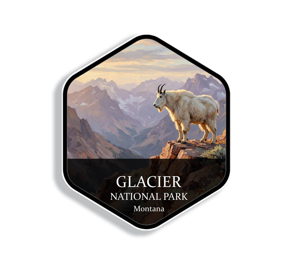Hexagonal Glacier National Park sticker badge with a white mountain goat on an alpine ledge below glacier-carved peaks at sunrise
