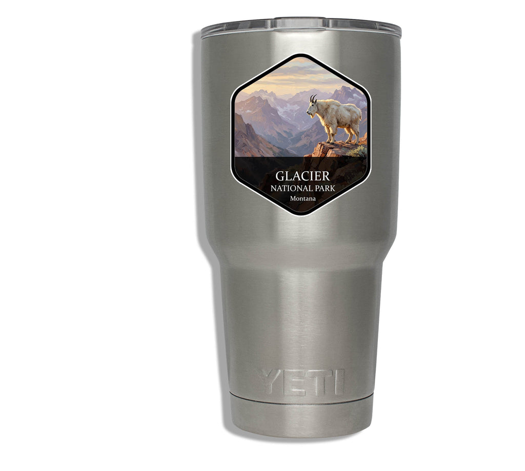 Glacier National Park badge sticker applied to a stainless steel insulated tumbler