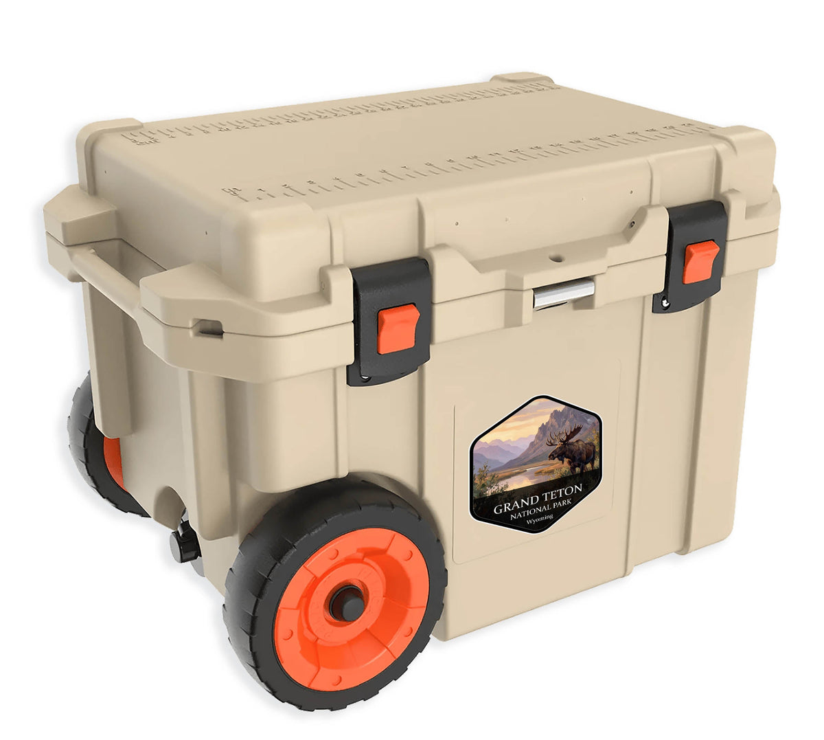 Grand Teton National Park badge sticker applied to the side of a tan hard-sided cooler