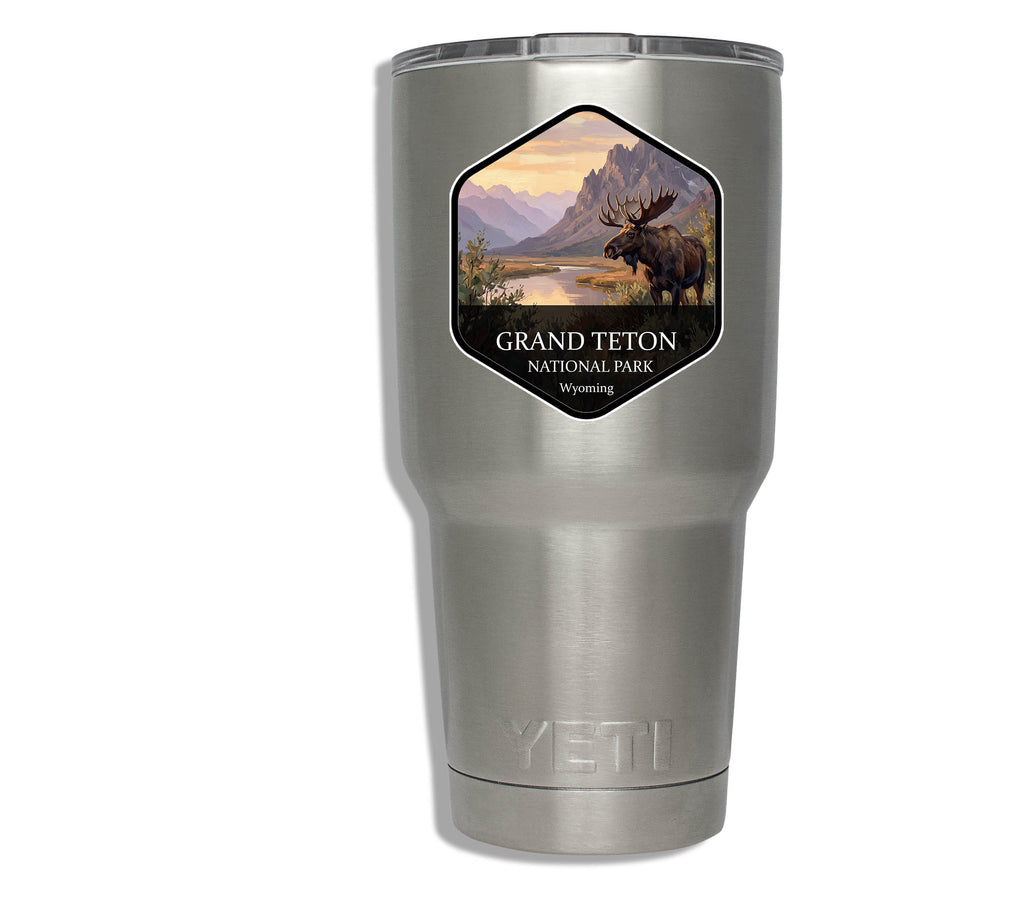 Grand Teton National Park badge sticker applied to a stainless steel insulated tumbler