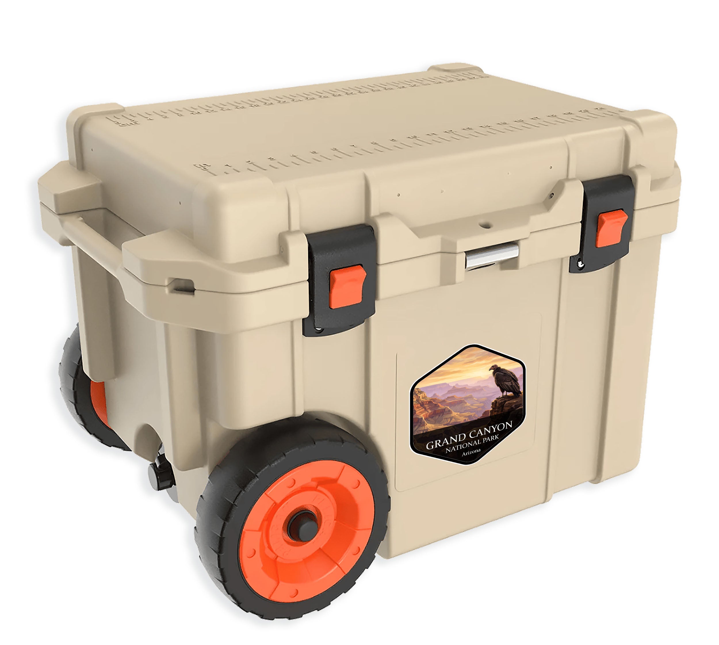 Grand Canyon National Park badge sticker applied to the side of a tan hard-sided cooler