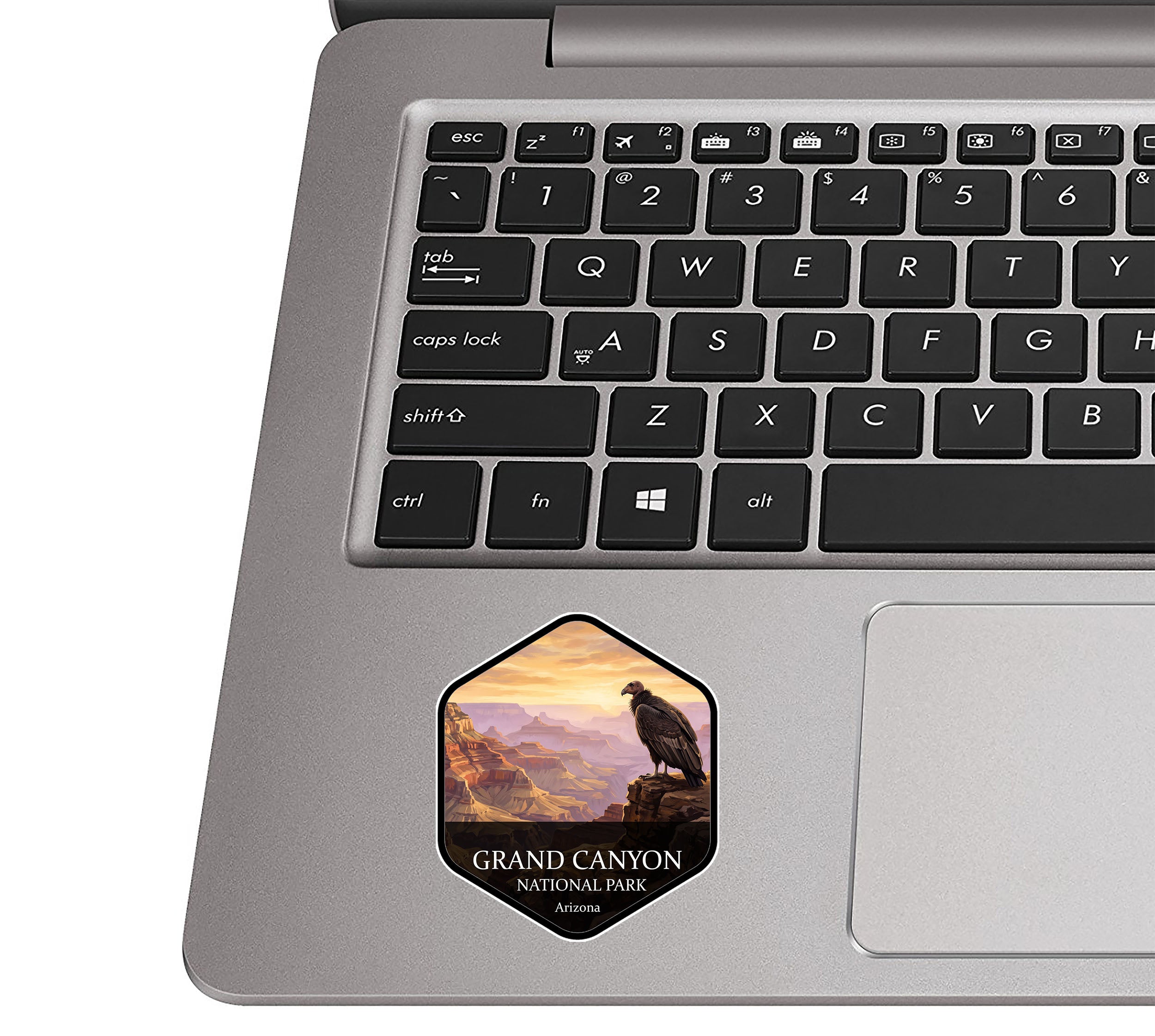 Grand Canyon National Park badge sticker applied to the palm rest of a silver laptop
