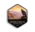 Hexagonal Grand Canyon National Park sticker badge with a California condor perched on a rim outcrop above layered canyon walls at sunrise