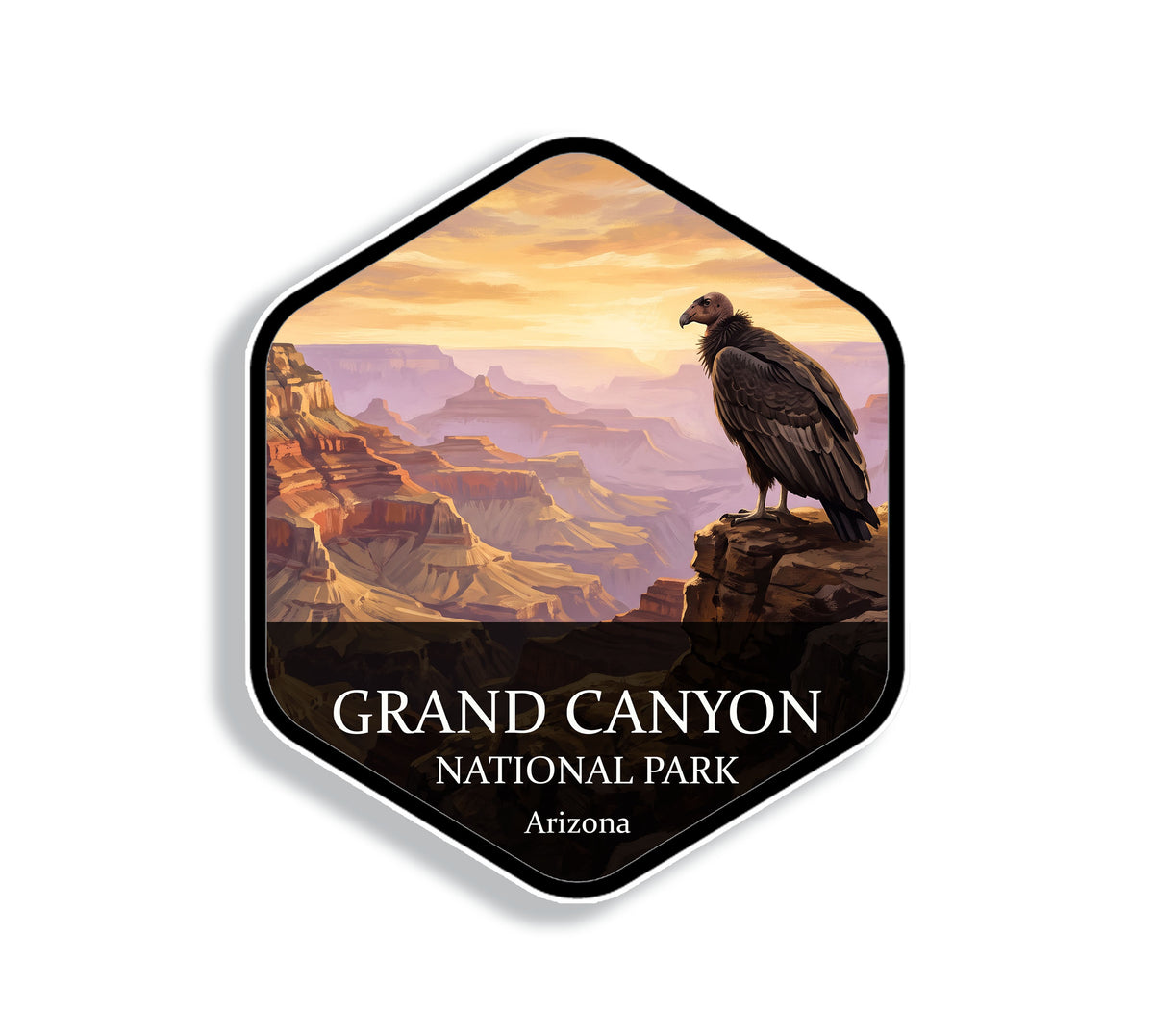 Hexagonal Grand Canyon National Park sticker badge with a California condor perched on a rim outcrop above layered canyon walls at sunrise