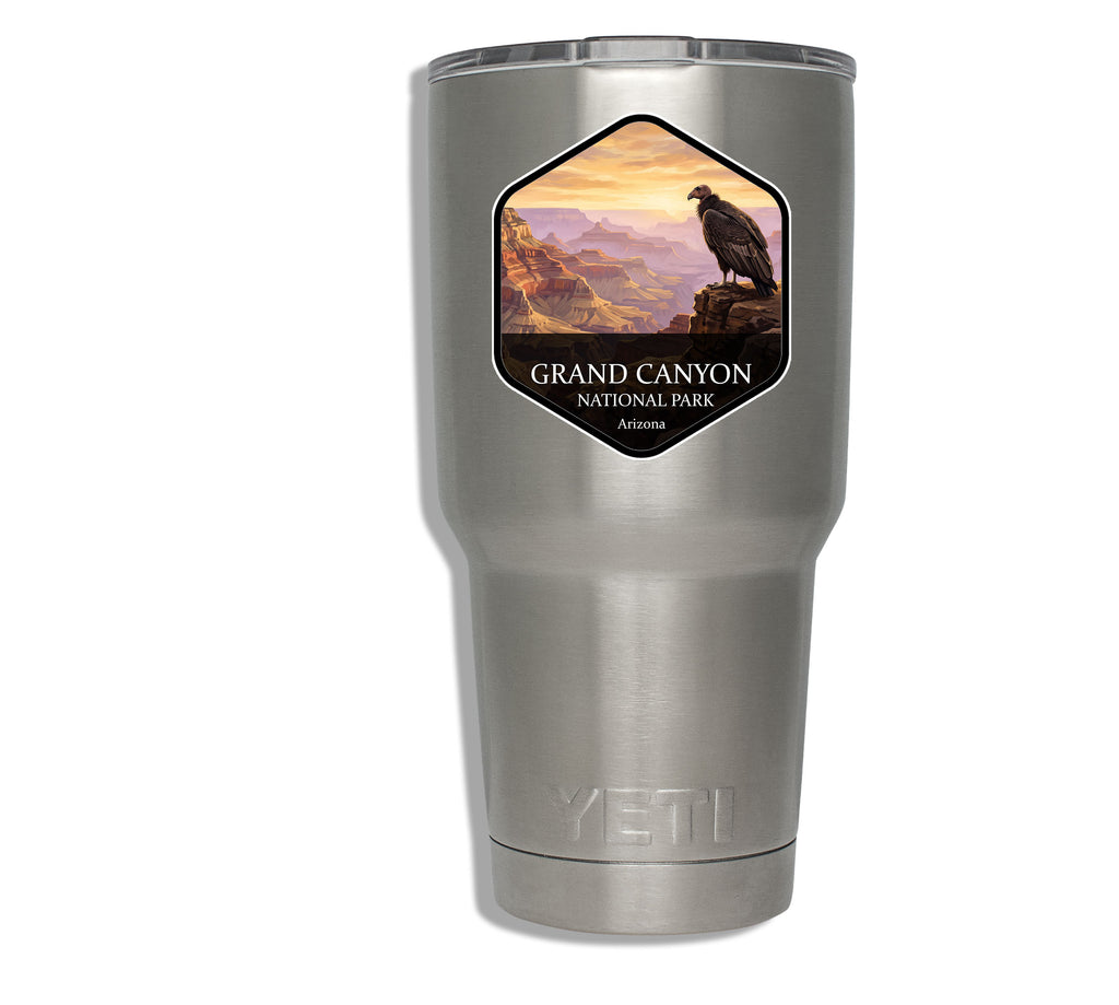 Grand Canyon National Park badge sticker applied to a stainless steel insulated tumbler