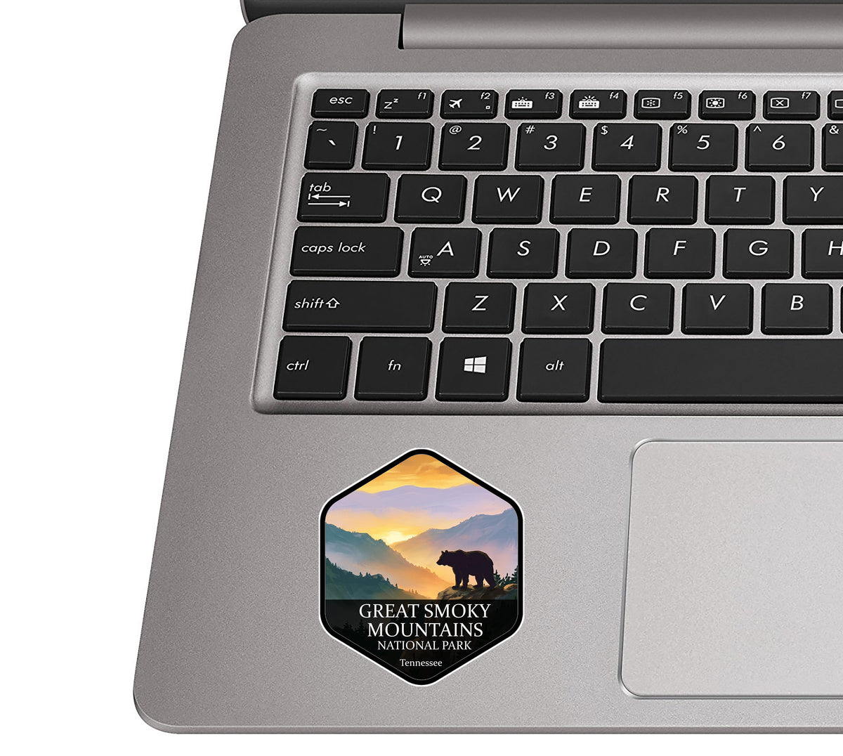 Great Smoky Mountains National Park badge sticker applied to the palm rest of a silver laptop