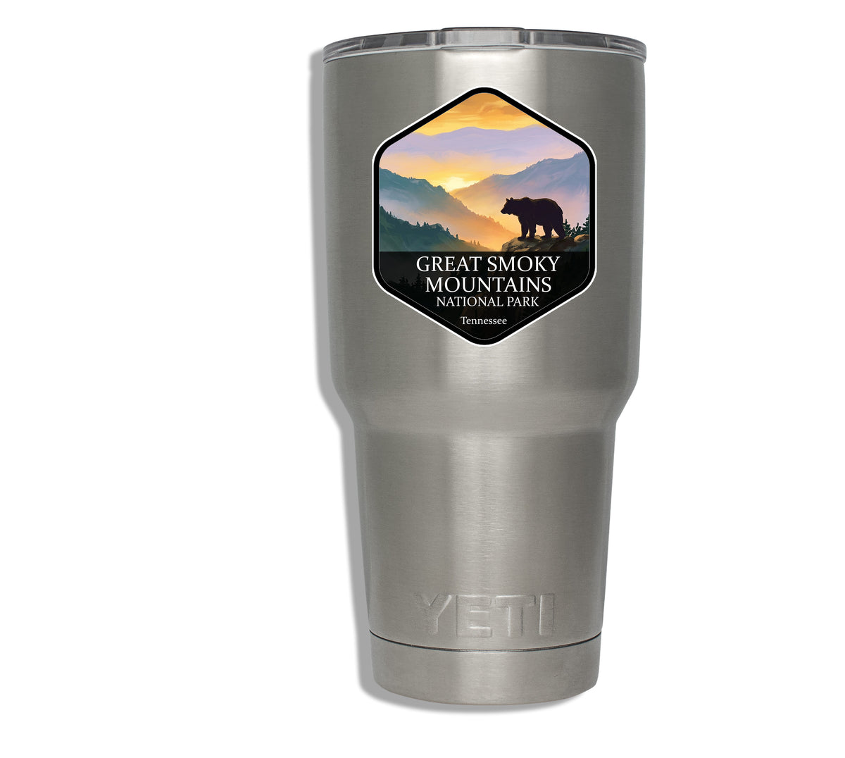 Great Smoky Mountains National Park badge sticker applied to a stainless steel insulated tumbler