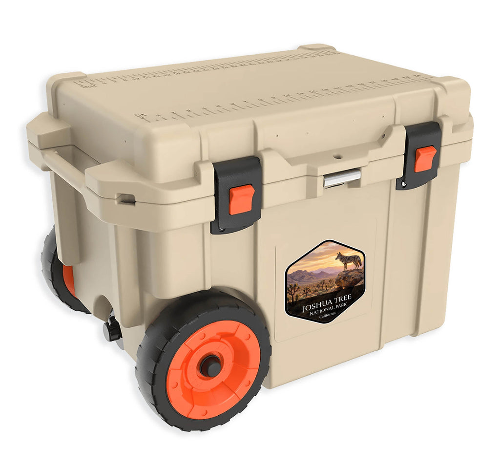 Joshua Tree National Park badge sticker applied to the side of a tan hard-sided cooler