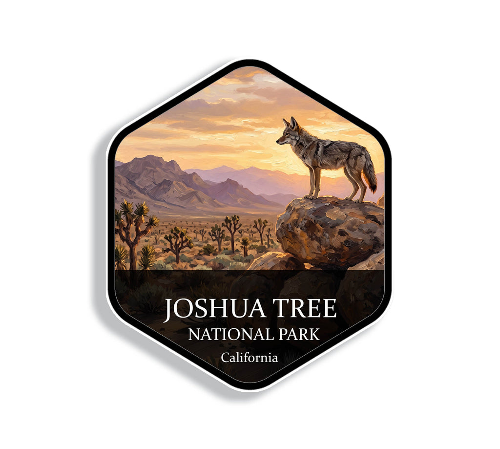 Hexagonal Joshua Tree National Park sticker badge with a coyote on granite boulders among Joshua trees at sunset