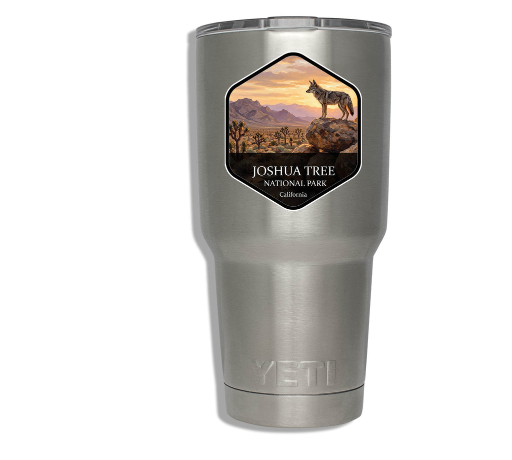 Joshua Tree National Park badge sticker applied to a stainless steel insulated tumbler