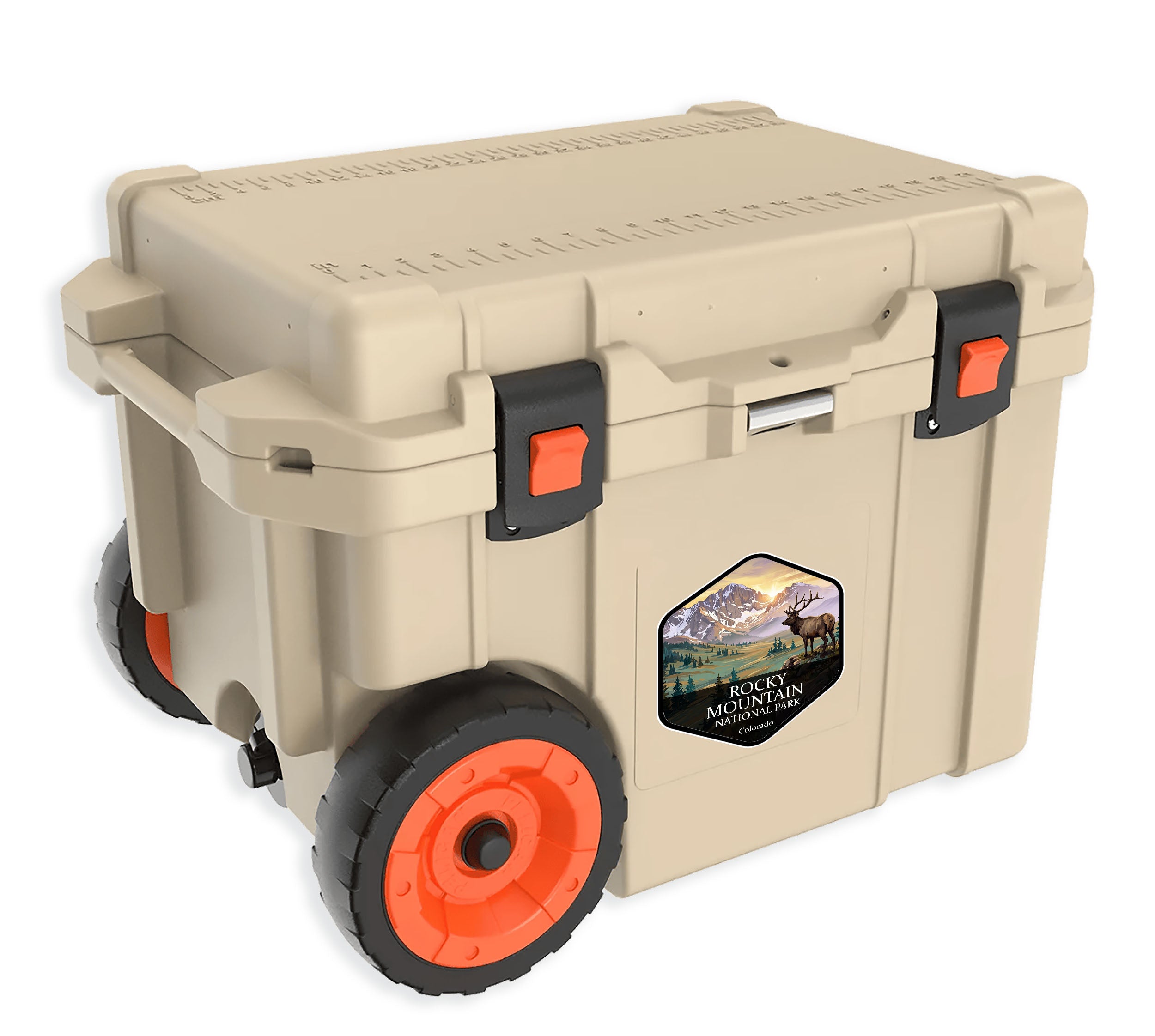 Rocky Mountain National Park badge sticker applied to the side of a tan hard-sided cooler